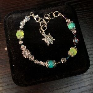 ISLAND NIGHT — Handmade Glass Beaded Turquoise and Lime Bracelet w Turtle Charm